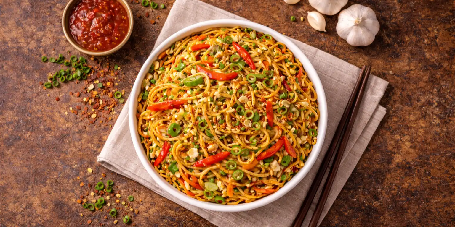 chill garlic noodles top view
