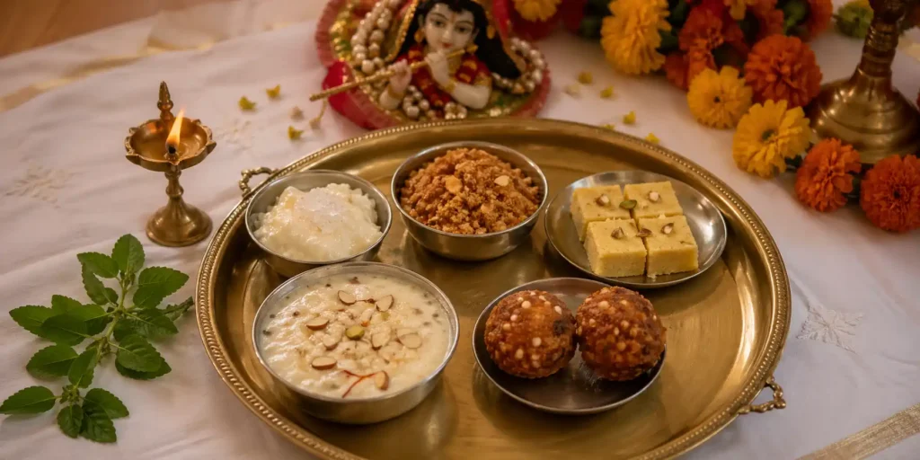 A brass plate with small bowls of white butter with mishri, golden panjiri, creamy kheer with nuts, and crispy sabudana vadas, with tulsi leaves and a small flute in the background.