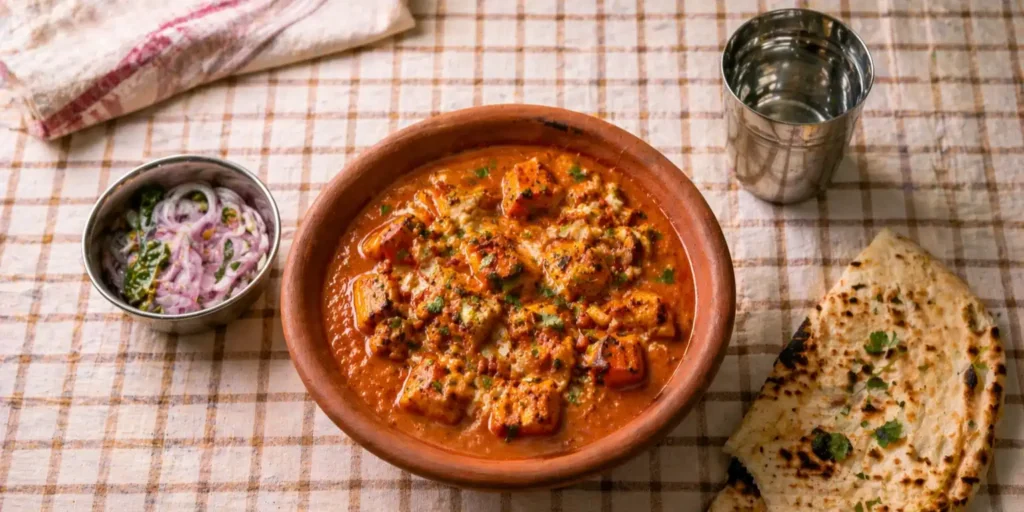 A deep clay bowl filled with orange-red tofu tikka masala curry, showing golden-brown tofu cubes, with a small steel bowl of sliced onions and a piece of naan on the side.