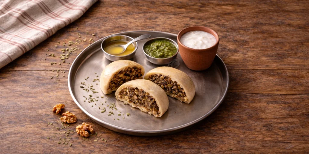 A steel plate with two golden-brown himachali siddu dumplings cut in half, showing the dark walnut filling, with a small bowl of ghee and green coriander chutney beside it.