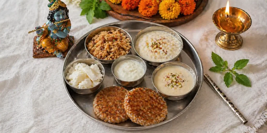 A steel thali filled with small katoris of panjiri, makhan mishri, mohan bhOG, chappan bhog items, a small pot of curd, and a tiny flute placed beside a Krishna idol