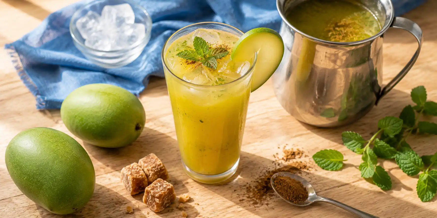 A tall glass of golden-yellow aam ka pana with ice cubes, mint leaves, and a slice of raw mango on the rim, with whole raw mangoes on a wooden table.