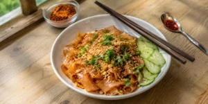 A white ceramic bowl filled with cold laphing noodles tossed in red-orange dry masala, topped with chopped spring onions, crushed peanuts, and sesame seeds, with chopsticks resting on the side.