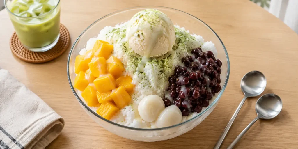 A large bowl of fluffy white bingsu korean shaved ice topped with yellow mango cubes, red beans, green matcha powder, and a scoop of vanilla ice cream.