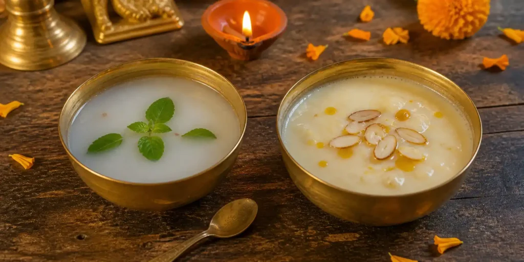 Two brass bowls side by side on a wooden surface β left bowl contains white charnamrit with tulsi leaves, right bowl contains yellow-white panchamrit with honey and curd, with a small diya in the background.