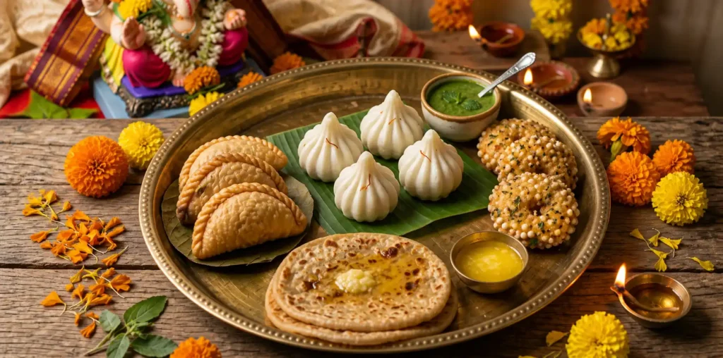 A large brass thali filled with steamed modaks, golden karanjis, crispy sabudana vadas, and a bowl of puran poli, with a Ganesh idol and marigold flowers in the background.
