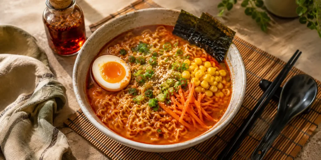 A deep ceramic bowl of steaming hot ramen with rich red-orange broth, curly noodles, sliced scallions, a halved soft-boiled egg, and chopsticks resting on the edge.