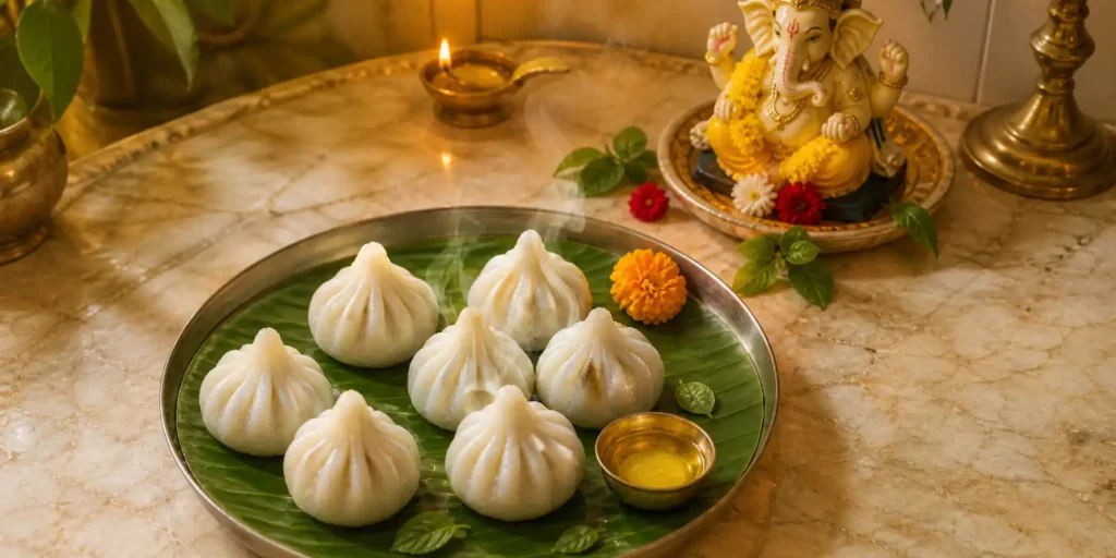 A steel plate filled with freshly steamed white modaks, shaped by hand with visible pleats, a small bowl of ghee, and a Ganesh idol in the blurred background on a banana leaf.
