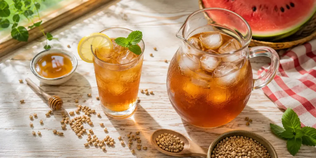 A tall clear glass filled with amber-brown iced barley tea, ice cubes, and a lemon slice, with a pitcher of the tea and scattered barley grains on a wooden table.
