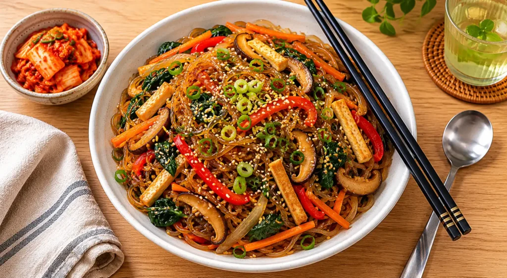 A large white bowl of japchae with translucent brown glass noodles, colourful julienned vegetables, and a sprinkle of sesame seeds, chopsticks resting on the side.