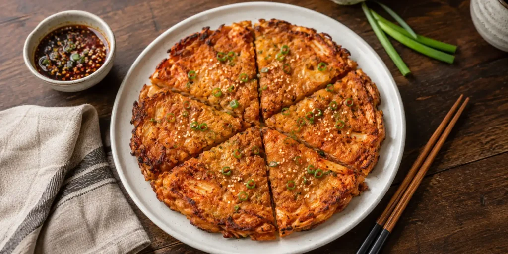 A white plate with a golden-brown crispy kimchi jeon cut into wedges, topped with spring onions and sesame seeds, a small bowl of dipping sauce on the side.
