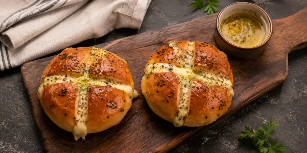 A wooden board with two golden-brown Korean cream cheese garlic bread rolls cut open, showing creamy white cheese filling, garlic butter glaze, and parsley flakes on top.