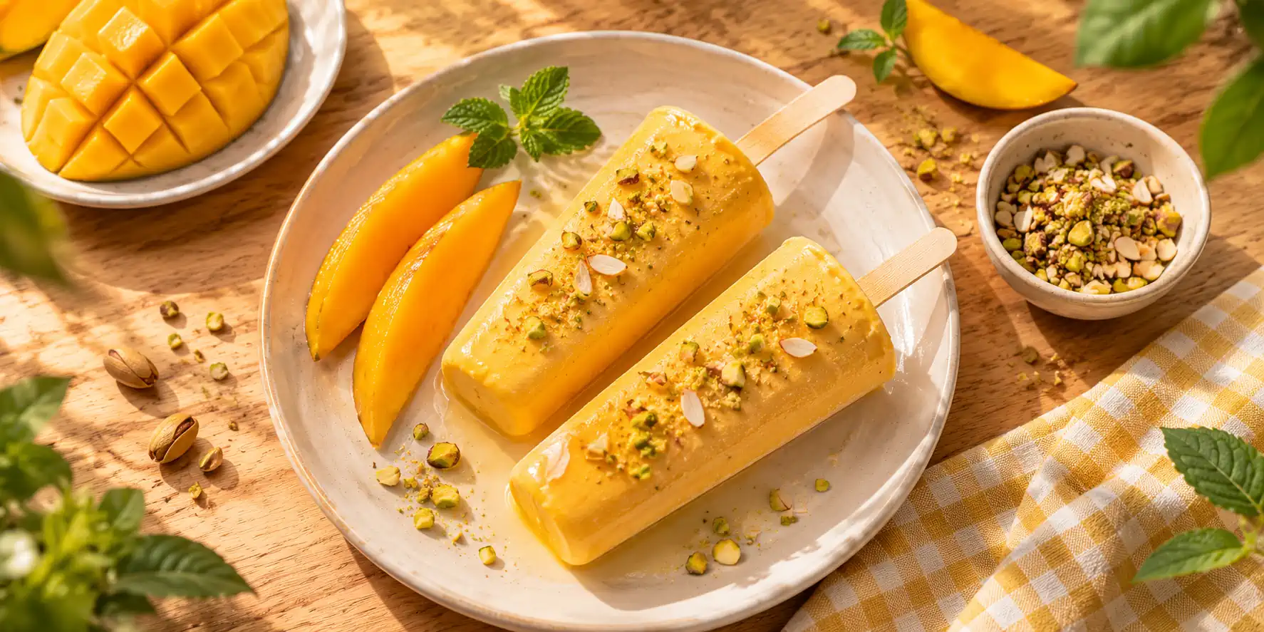 A white plate with two golden-yellow mango kulfi popsicles on sticks, garnished with chopped pistachios and a few fresh mango slices on a wooden table.