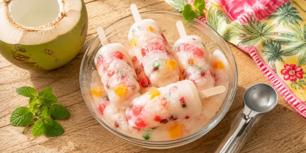 A glass bowl of pale white-pink coconut water ice-cream with red and green tutti frutti, watermelon chunks, and yellow mango cubes, garnished with mint.