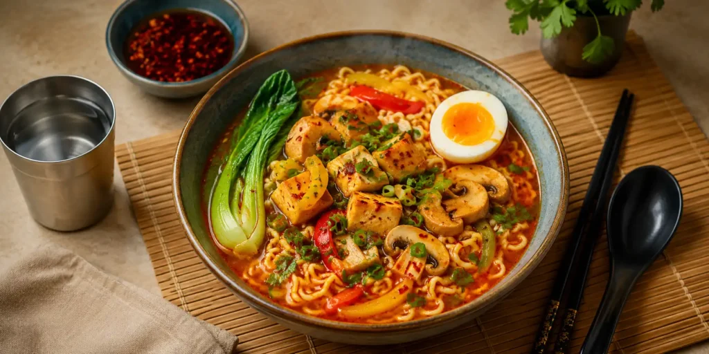 A deep bowl of spicy red broth with curly noodles, chunks of paneer, bok choy, a soft-boiled egg, and spring onions, chopsticks on the side.