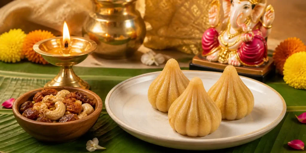 A white ceramic plate with three steamed sugar free modaks, a small bowl of chopped dates and nuts beside, and a Ganesh idol in soft focus background.