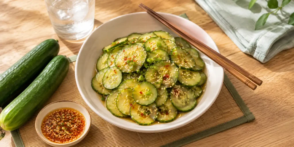 A white ceramic bowl of sweet and sour cucumber salad with sliced cucumbers, red chilli flakes, sesame seeds, and a few whole cucumbers on a wooden table.