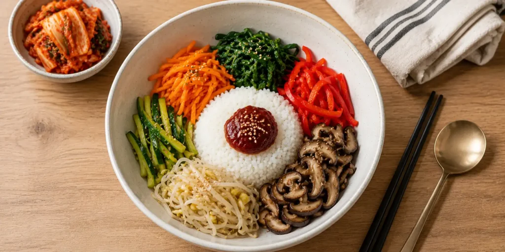 A wide white bowl of veg bibimbap with steamed rice, arranged colourful vegetables and a dollop of red gochujang sauce, chopsticks on the side.