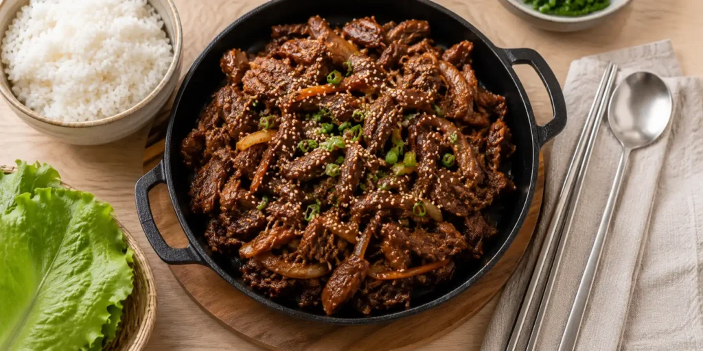 A cast iron skillet filled with veg bulgogi – golden-brown seitan strips and shredded jackfruit coated in glossy brown sauce, topped with sesame seeds and spring onions.