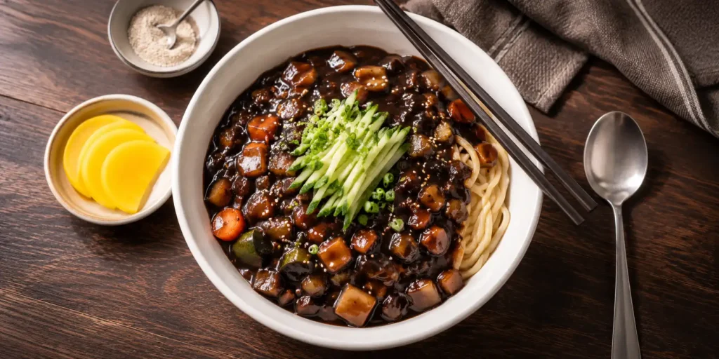 A deep white bowl of Veg Jajangmyeon with thick noodles coated in dark brown-black sauce, topped with cucumber strips and sesame seeds, chopsticks resting on the side.