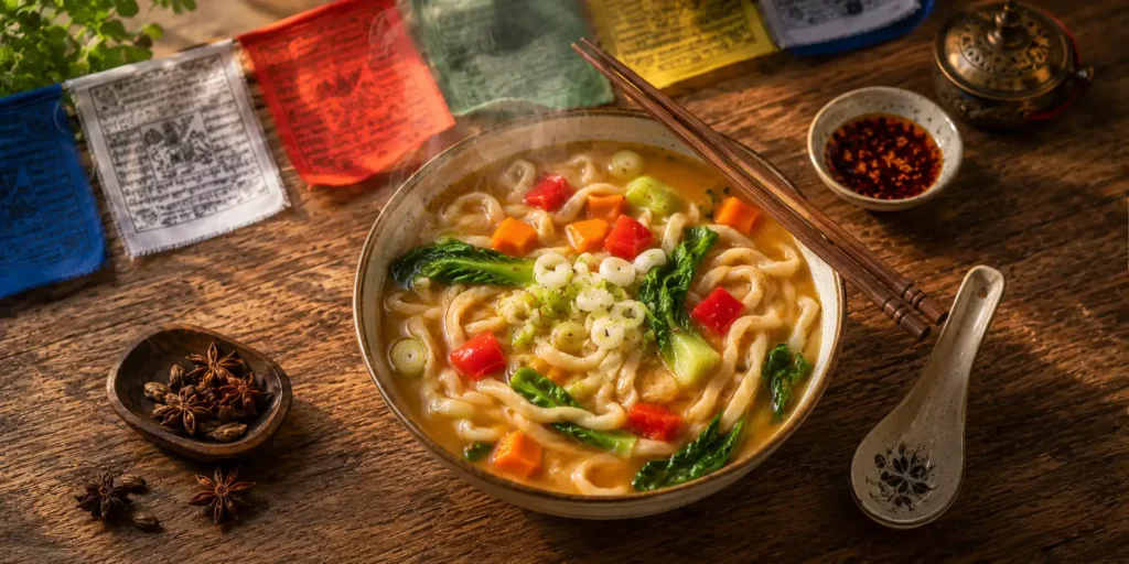 A deep ceramic bowl of thenthuk tibetan noodle soup with thick, uneven hand-pulled noodles, chunks of carrots and bok choy, steaming broth, and chopsticks resting on the side.