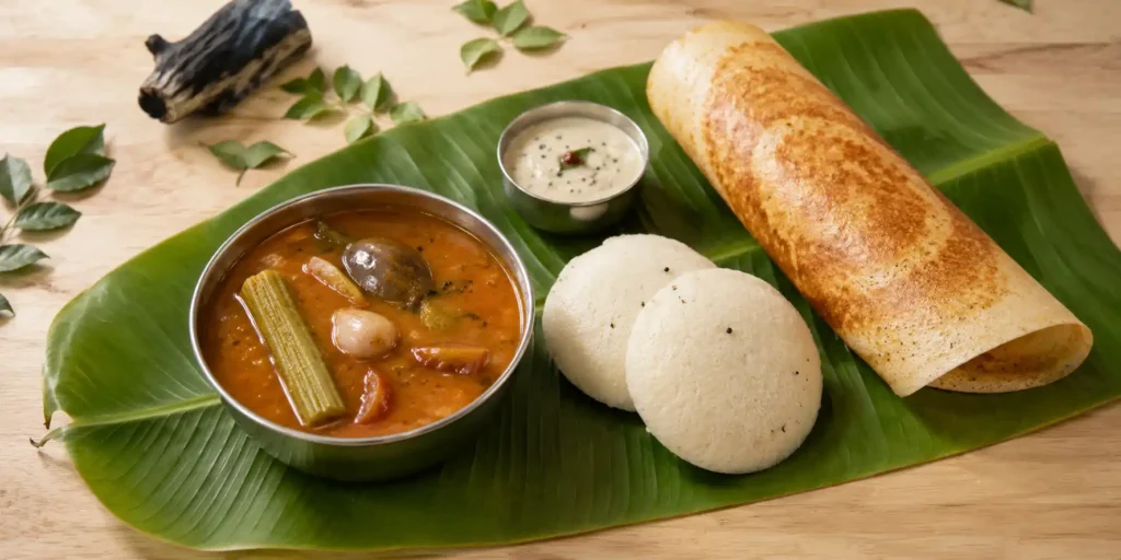A steel bowl of thick, rustic sambar with visible vegetables like drumsticks, carrots, and brinjal, a drizzle of ghee on top, with idli and dosa on a banana leaf.