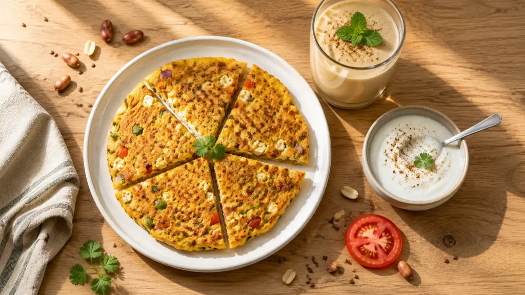 A white plate with a golden-brown moonglet (besan chilla) topped with fresh coriander and a bowl of curd, alongside a glass of sattu drink and a small bowl of mixed seeds.