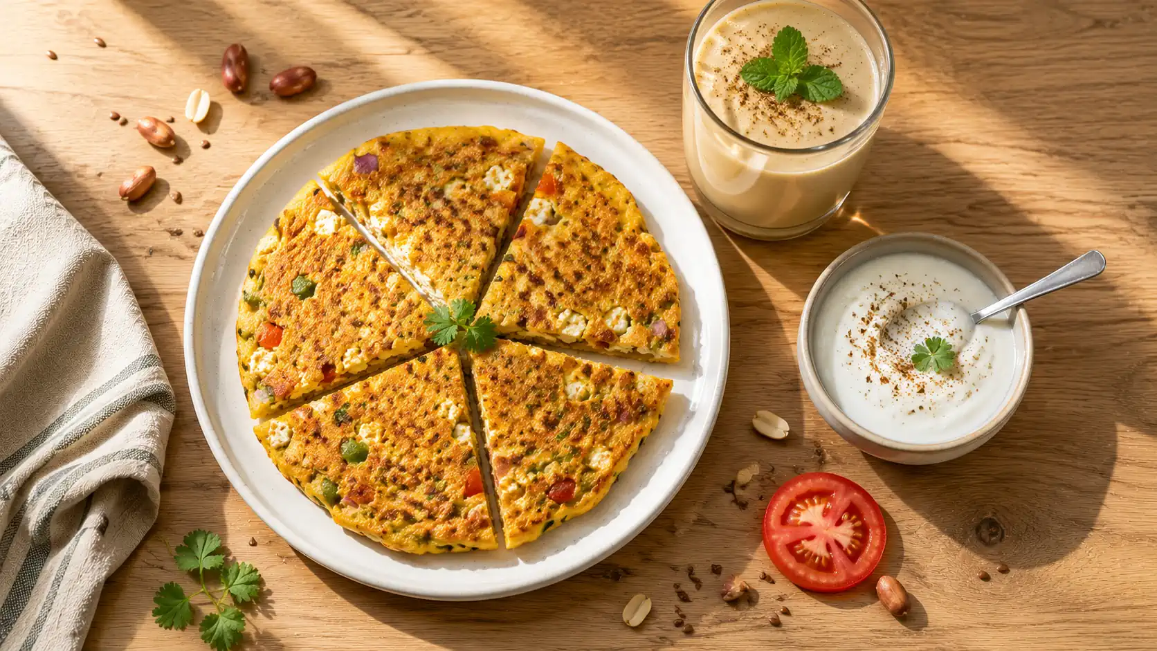 A white plate with a golden-brown moonglet (besan chilla) topped with fresh coriander and a bowl of curd, alongside a glass of sattu drink and a small bowl of mixed seeds.