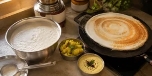 A large bowl of fermented dosa batter with visible bubbles, a ladle, a golden-brown crispy dosa on a tawa, and a small bowl of potato masala and coconut chutney.