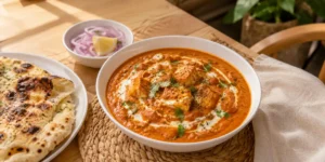 A deep bowl of orange-red paneer butter masala with soft paneer cubes, a dollop of fresh cream, and a sprinkle of dried fenugreek leaves, with a piece of naan on the side.
