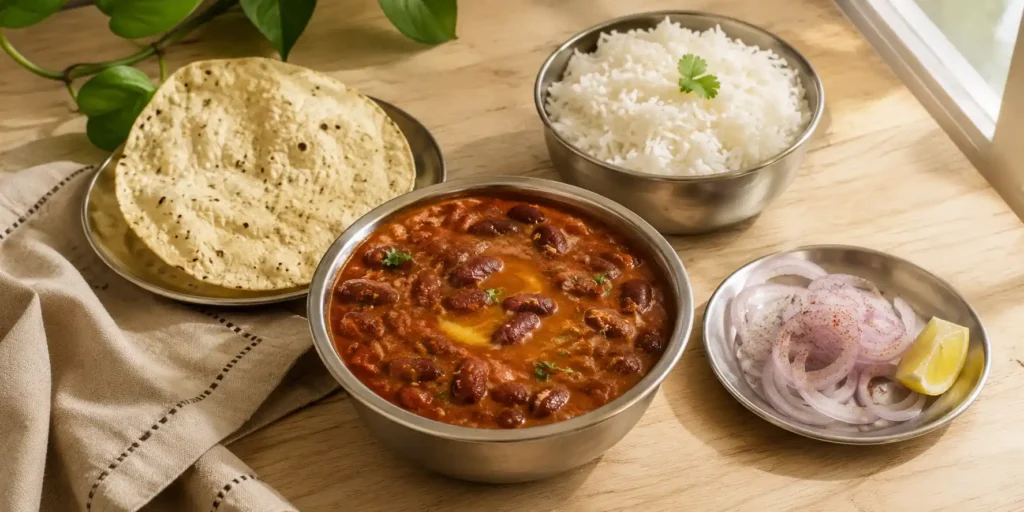 A steel bowl of creamy red rajma curry with a bowl of steamed white rice, sliced onions, and a lemon wedge on a wooden table.