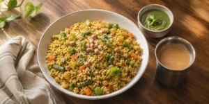 A white bowl of golden-brown oats upma with colourful vegetable pieces, garnished with coriander and grated coconut, with a cup of tea on the side.