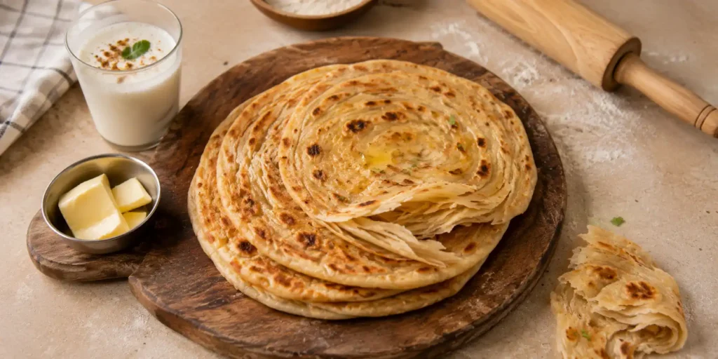 A stack of golden-brown flaky lachha parathas on a wooden board, with a small bowl of butter and a steel glass of lassi, showing visible layered texture.