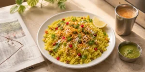 A white plate of fluffy instant poha topped with fresh coriander, grated coconut, and sev, with lemon wedges and a cup of tea on the side.