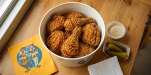 A bucket of golden-brown crispy fried chicken drumsticks and thighs, with a small container of dipping sauce, a paper napkin, and a yellow Los Pollos Hermanos style logo mock-up on a wooden table.