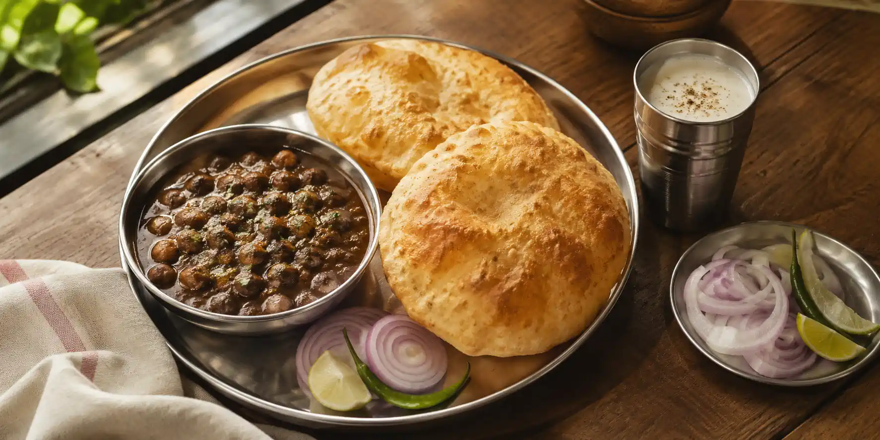 A steel thali with a bowl of spicy chole, two fluffy golden-brown bhature, sliced onions, green chilli, and a glass of lassi on a wooden table.