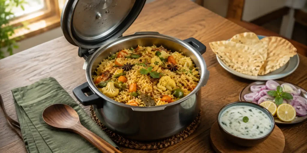 A deep steel pressure cooker filled with aromatic veg biryani, with a bowl of raita and sliced onions on the side on a wooden table.