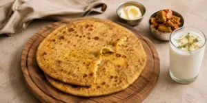 A stack of golden-brown aloo parathas without stuffing on a wooden board, with a bowl of butter and pickle, showing the soft, evenly flavoured interior.