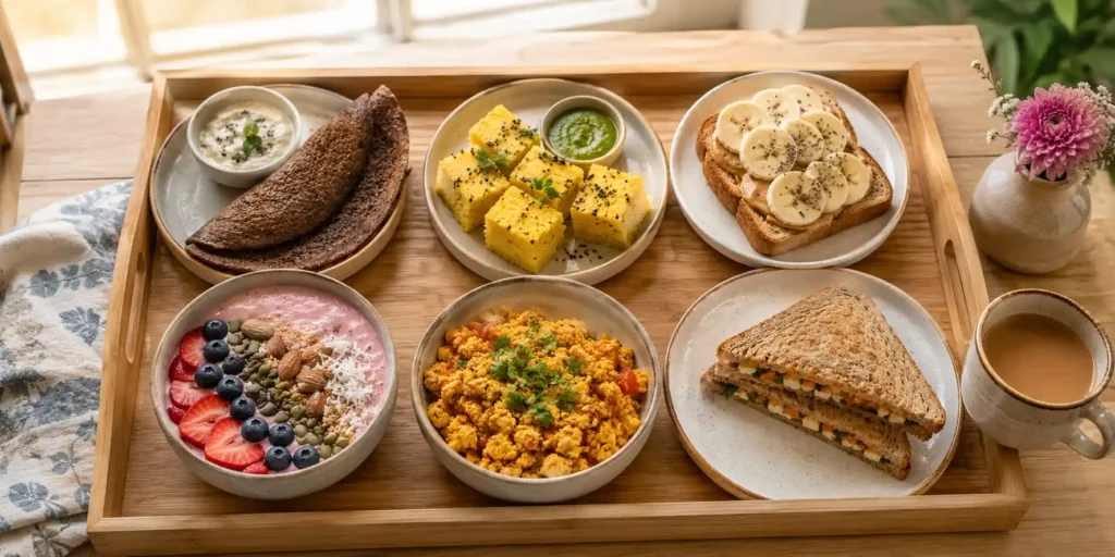A wooden tray with six small bowls containing ragi dosa, dal dhokla, peanut butter toast, smoothie bowl, tofu bhurji, and paneer sandwich.