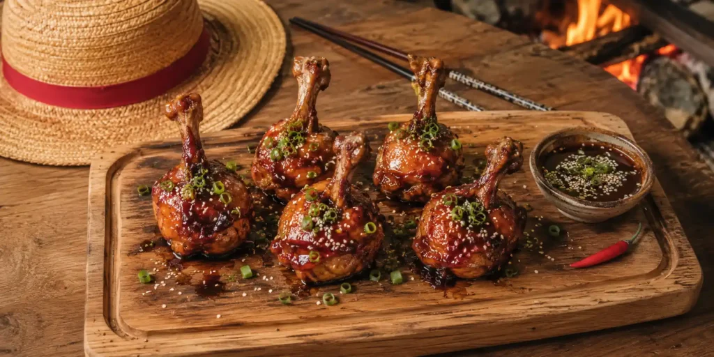 A wooden board piled with glossy, golden-brown chicken drumsticks on bone, sprinkled with sesame seeds and green onions, with a straw hat beside the plate.