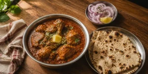 A steel bowl of thick, reddish-brown chicken curry without coconut, with tender chicken pieces, garnished with coriander, roti on the side on a wooden table.