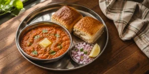 A steel thali with a bowl of spicy red pav bhaji, toasted butter pav, chopped onions, lemon wedges, and a dollop of butter on top.