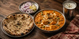 A steel bowl of creamy orange matar paneer dhaba style gravy with soft paneer cubes and green peas, a dollop of cream on top, with tandoori roti and sliced onions on a wooden table.