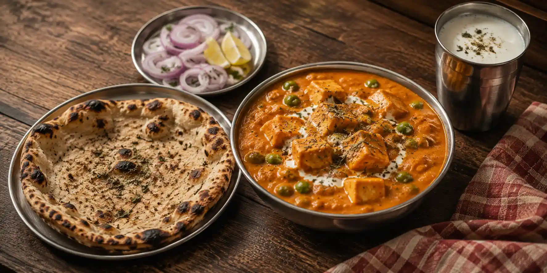 A steel bowl of creamy orange matar paneer dhaba style gravy with soft paneer cubes and green peas, a dollop of cream on top, with tandoori roti and sliced onions on a wooden table.