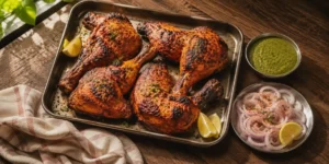 A baking tray with golden-red tandoori chicken legs and thighs, charred edges, a lemon wedge, and a bowl of mint chutney on a wooden table.