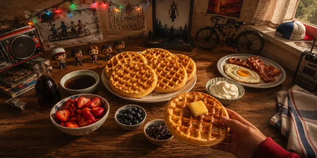 A stack of golden Eggo waffles with a variety of toppings like chocolate chips, strawberries, whipped cream, and a small bowl of maple syrup, with a handheld Eggo waffle in the foreground.