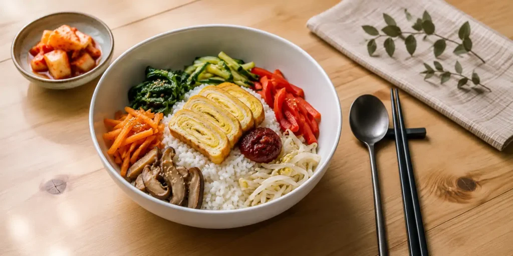 A wide white bowl of veg bibimbap with colourful vegetables, a fried egg, and a side of gyeran mari slices, chopsticks on the side.