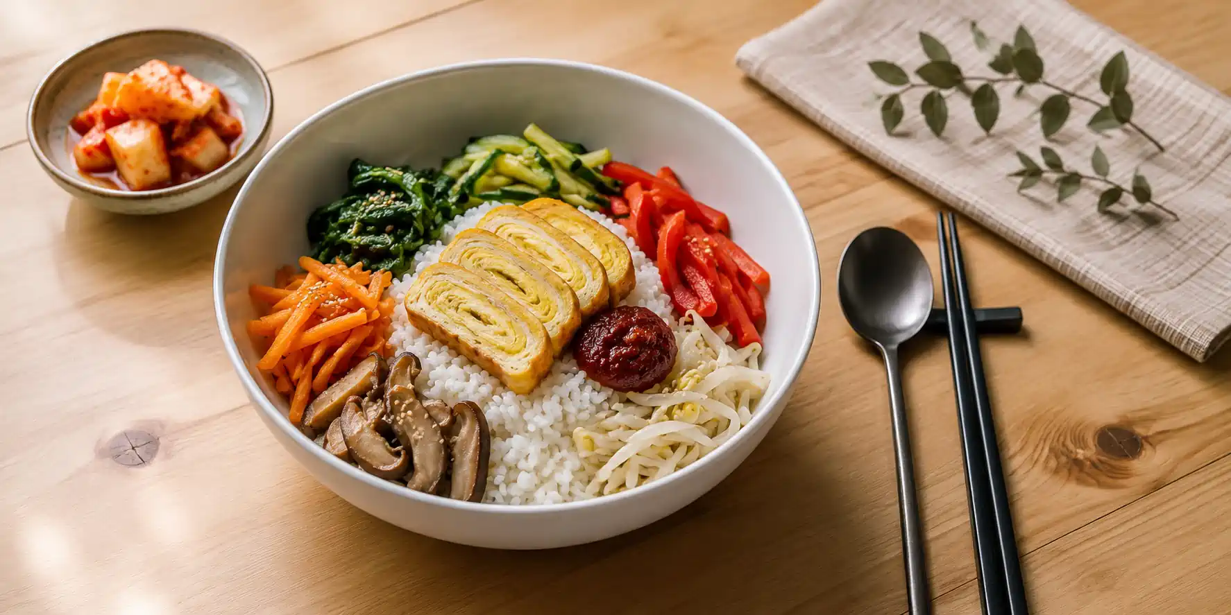 A wide white bowl of veg bibimbap with colourful vegetables, a fried egg, and a side of gyeran mari slices, chopsticks on the side.