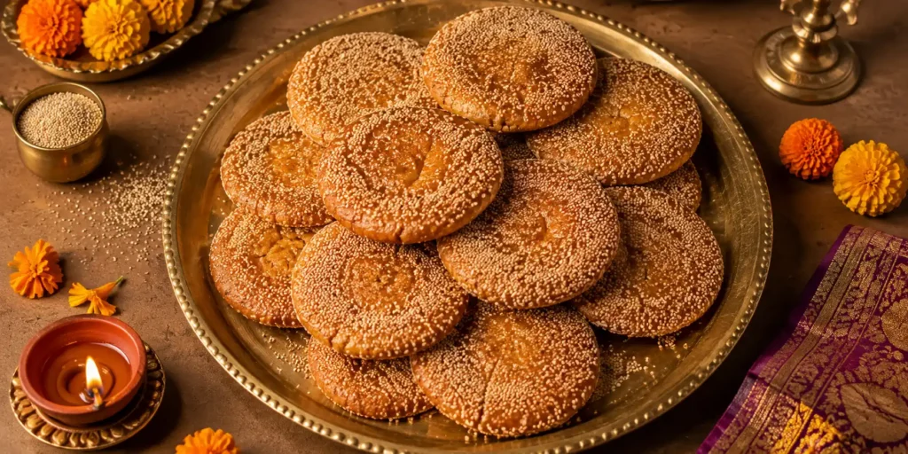 A brass plate with golden-brown Anarsa, decorated with poppy seeds, a diya, and marigold flowers on a festive backdrop.