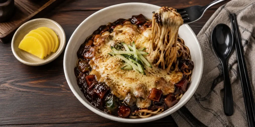 A deep white bowl of Cheesy Jajangmyeon with thick noodles coated in dark black sauce, topped with a blanket of melted golden cheese, cucumber strips, and sesame seeds, chopsticks resting on the side.